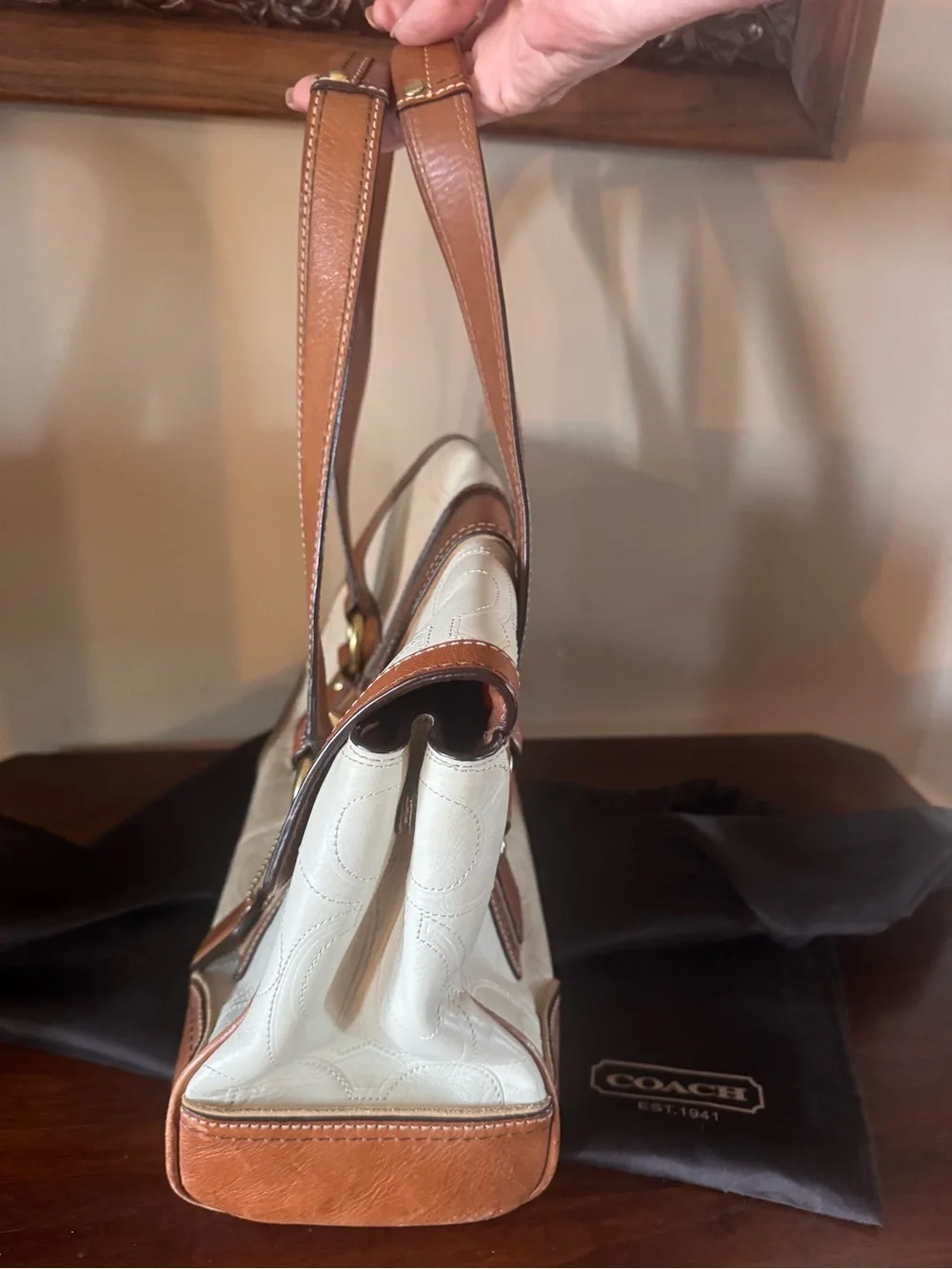 Coach Hampton Signature Embossed Leather Satchel -Cream with Saddle Brown Trim - Picture 5 of 16